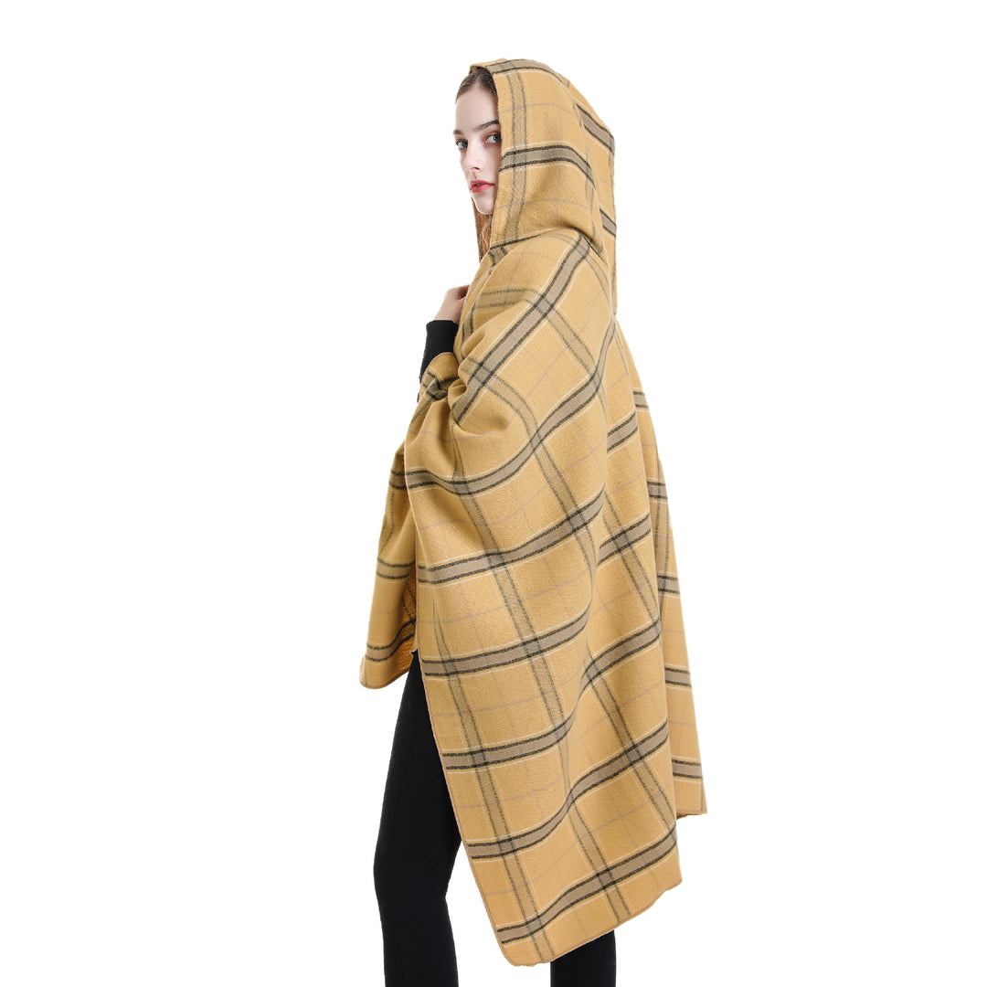 Damen Kapuzen-Poncho mit Karomuster, weichfallender Wollmix und offenem Oversize-Fall Echo Archiv