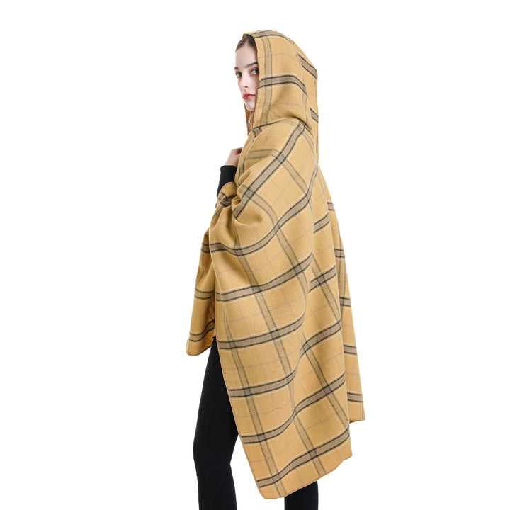 Damen Kapuzen-Poncho mit Karomuster, weichfallender Wollmix und offenem Oversize-Fall Echo Archiv