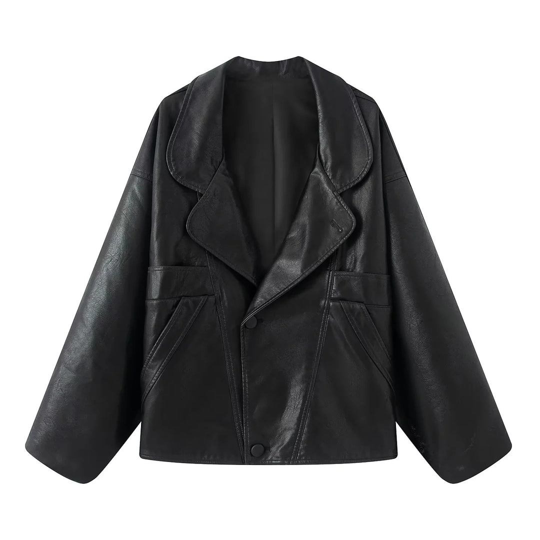 Damen nan kastiger Lederimitat-Blouson mit überlappendem Schalkragen und diagonal eingesetzten Taschen Echo Archiv