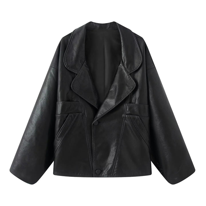 Damen nan kastiger Lederimitat-Blouson mit überlappendem Schalkragen und diagonal eingesetzten Taschen Echo Archiv