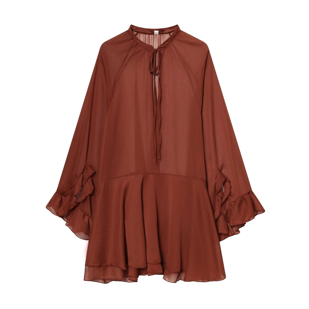 Damen Fließendes Chiffon-Minikleid mit Rüschenärmeln und Schluppe Echoarchiv