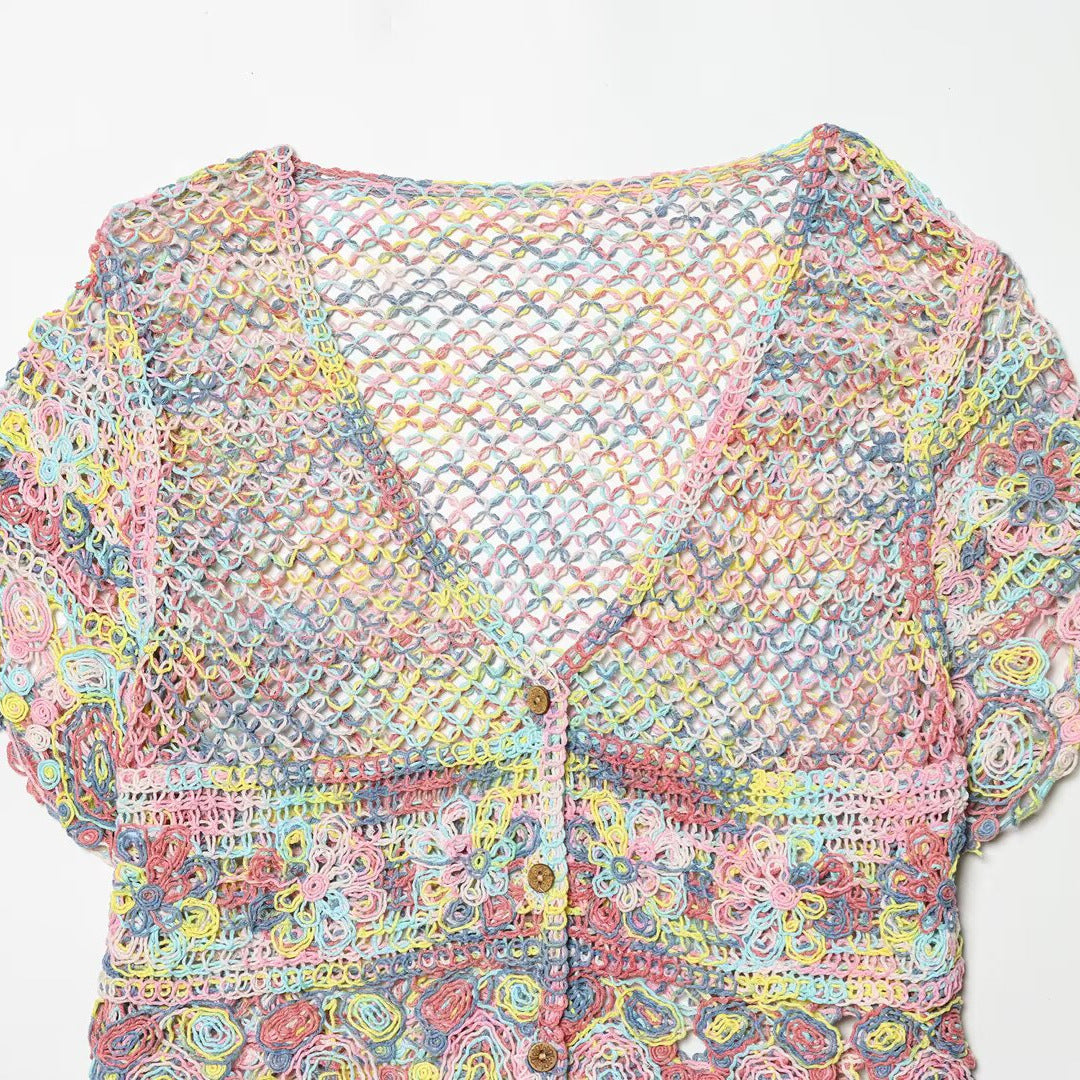 Damen luftiger Spitzen-Crochet-Cardigan mit buntem Häkelmuster Echo Archiv
