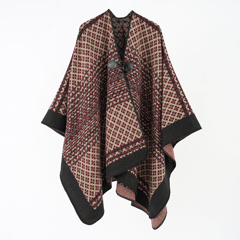 Damen Wollmischung Poncho mit Jacquard‑Muster und Knebelverschluss – Avérine