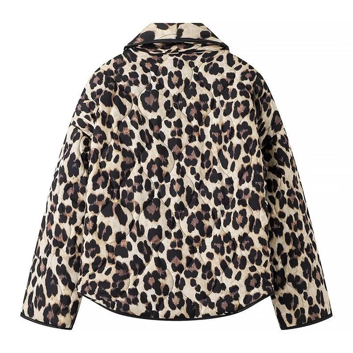 Damen Gepolsterte Kurzjacke im Leopardenprint mit Schalkragen und aufgesetzten Taschen Echo Archiv