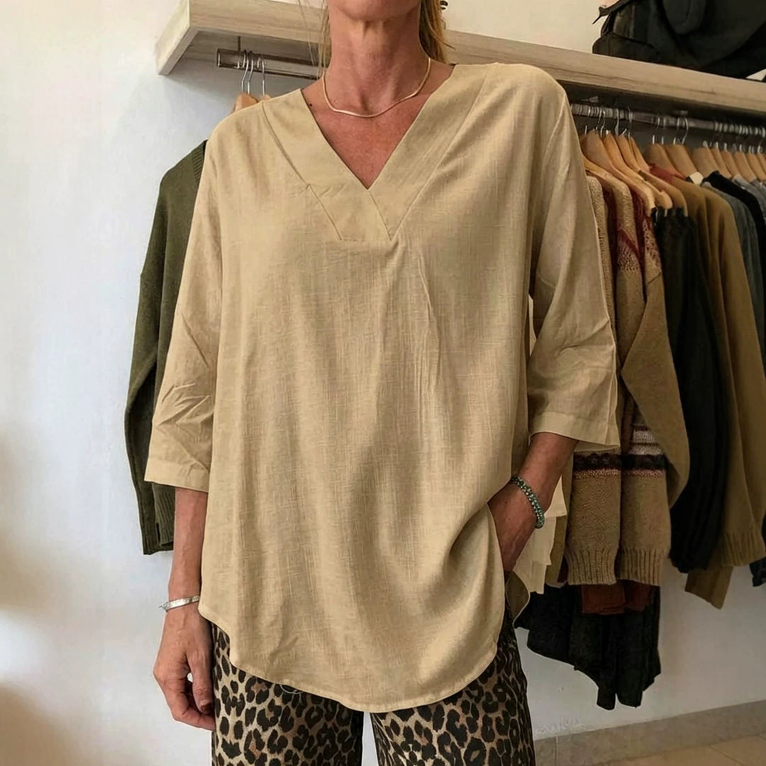 Damen Leichte Oversize V-Ausschnitt Tunika in Leinenoptik mit dreiviertel Ärmeln und abgerundetem Saum – Avérine