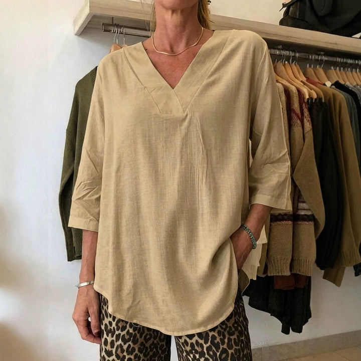 Damen Leichte Oversize V-Ausschnitt Tunika in Leinenoptik mit dreiviertel Ärmeln und abgerundetem Saum – Avérine