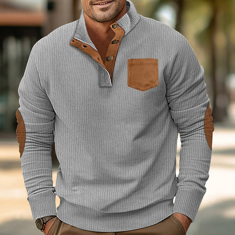 Herren eleganter Strickpullover mit Knopfleiste und kontrastierenden Ellbogenpatches Echoarchiv