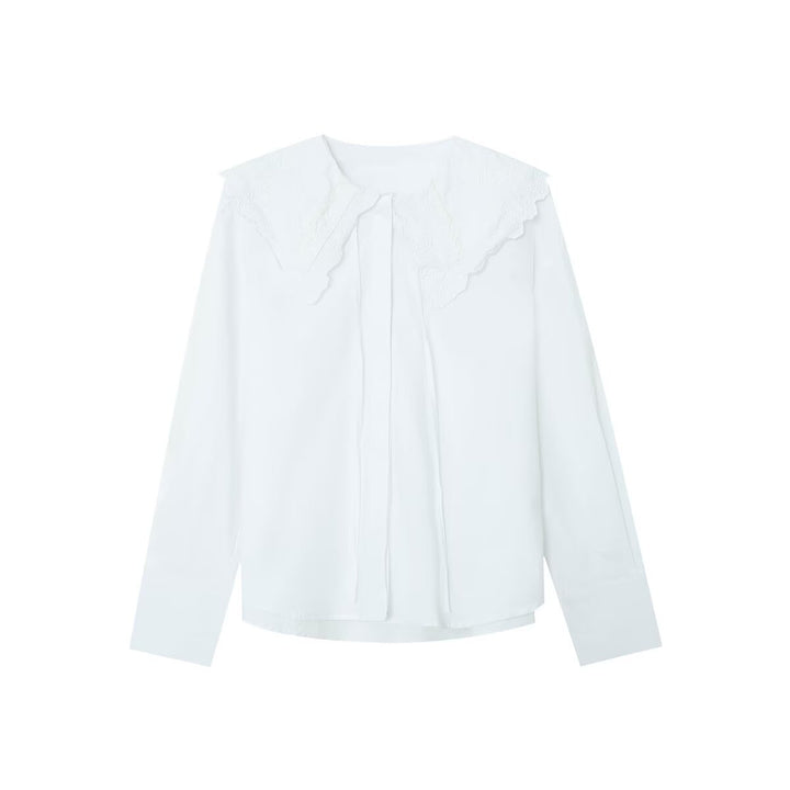 Damen Bluse mit übergroßem besticktem Bubikragen und Bindeschleife Echoarchiv