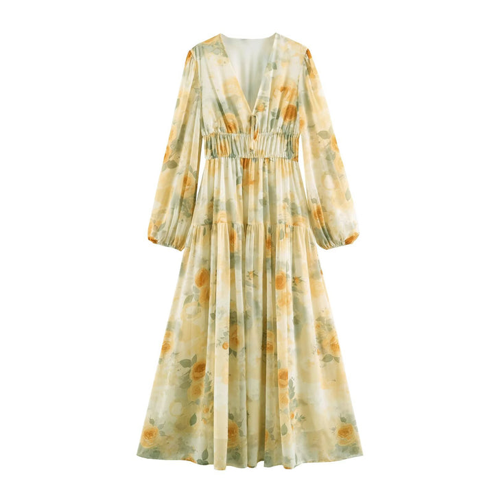 Damen Luftiges Chiffon-Midikleid mit tiefem V-Ausschnitt, geraffter Smock-Taille und Volantstufen Echo Archiv