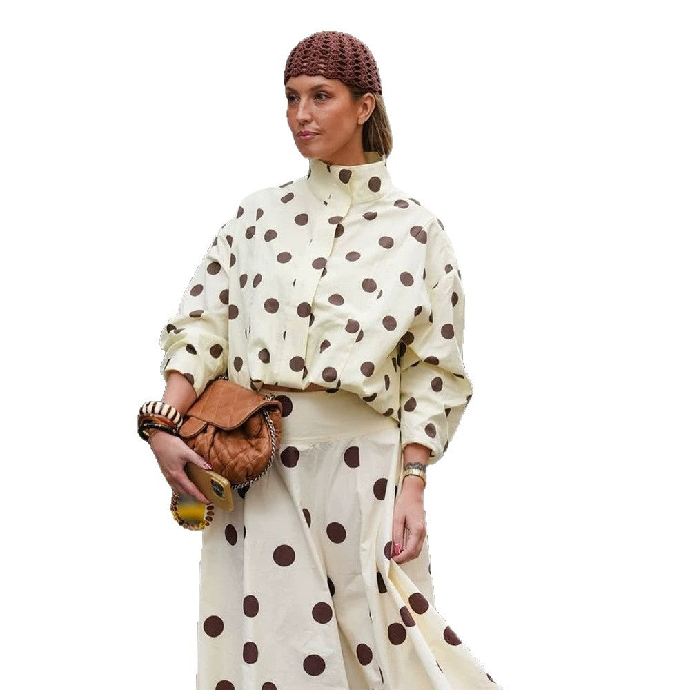 Damen Boxy Hemdjacke mit Stehkragen, Ballonärmeln und großem Polka‑Dot‑Print Echoarchiv