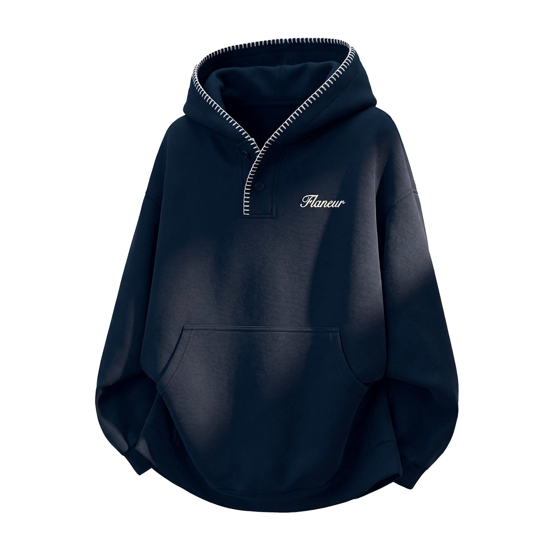 Unisex Oversize Kapuzenpullover mit Kängurutasche, halber Knopfleiste und Ziernaht Echo Archiv
