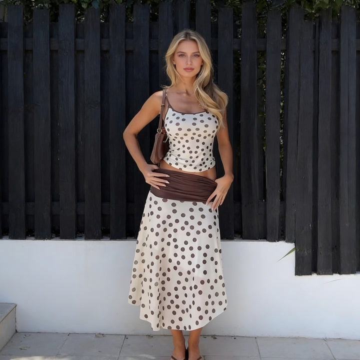 Damen Elegantes Polka-Dots Maxikleid mit figurbetontem Oberteil und schwingendem Rock Echo Archiv