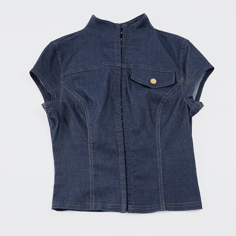 Damen modische Kurzarm Denim-Bluse mit eleganter Knopf-Detailierung Echo Archiv
