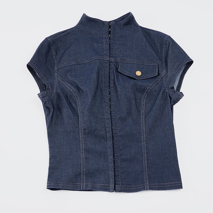 Damen modische Kurzarm Denim-Bluse mit eleganter Knopf-Detailierung Echo Archiv