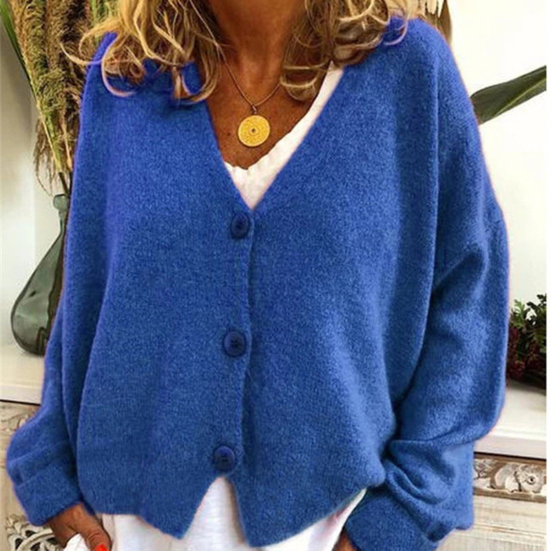 Damen lässiger Strickcardigan mit tiefem V-Ausschnitt und großen Knöpfen Echoarchiv