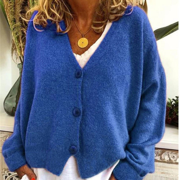 Damen lässiger Strickcardigan mit tiefem V-Ausschnitt und großen Knöpfen Echoarchiv