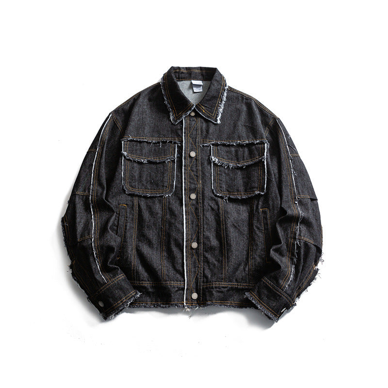 Herren Oversize Jeansjacke mit ausgefransten Kanten und großen Pattenstaschen Echoarchiv