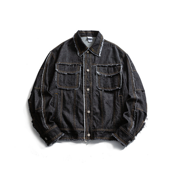 Herren Oversize Jeansjacke mit ausgefransten Kanten und großen Pattenstaschen Echoarchiv