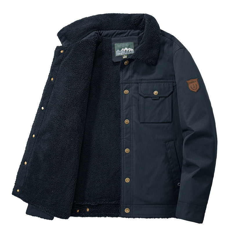 Herren Sherpa-gefütterte Canvas-Truckerjacke mit Teddyfutter und Utility‑Taschen Echo Archiv