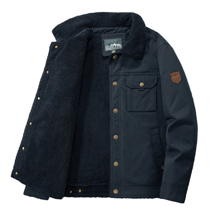 Herren Sherpa-gefütterte Canvas-Truckerjacke mit Teddyfutter und Utility‑Taschen Echo Archiv