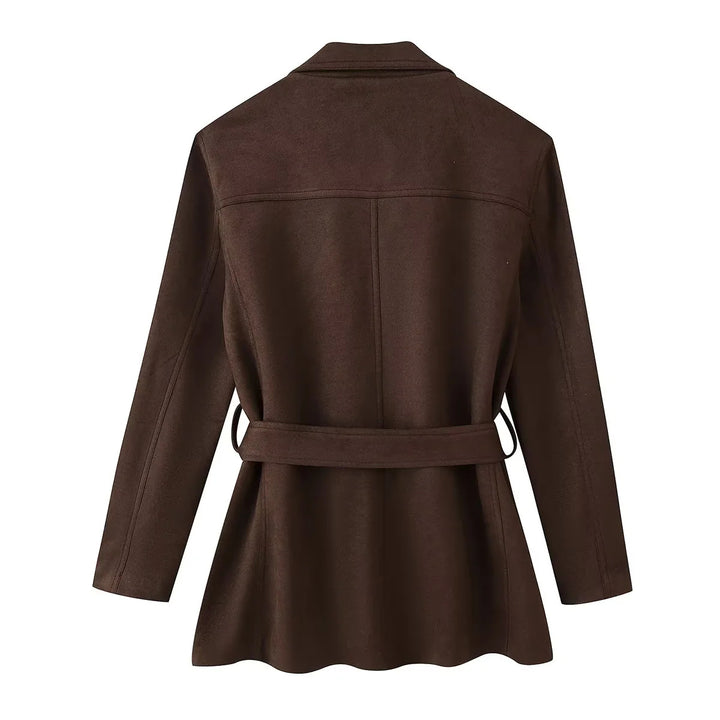 Damen taillierte Taillengürtel-Blazerjacke aus Veloursimitat mit Pattentaschen – Valéne