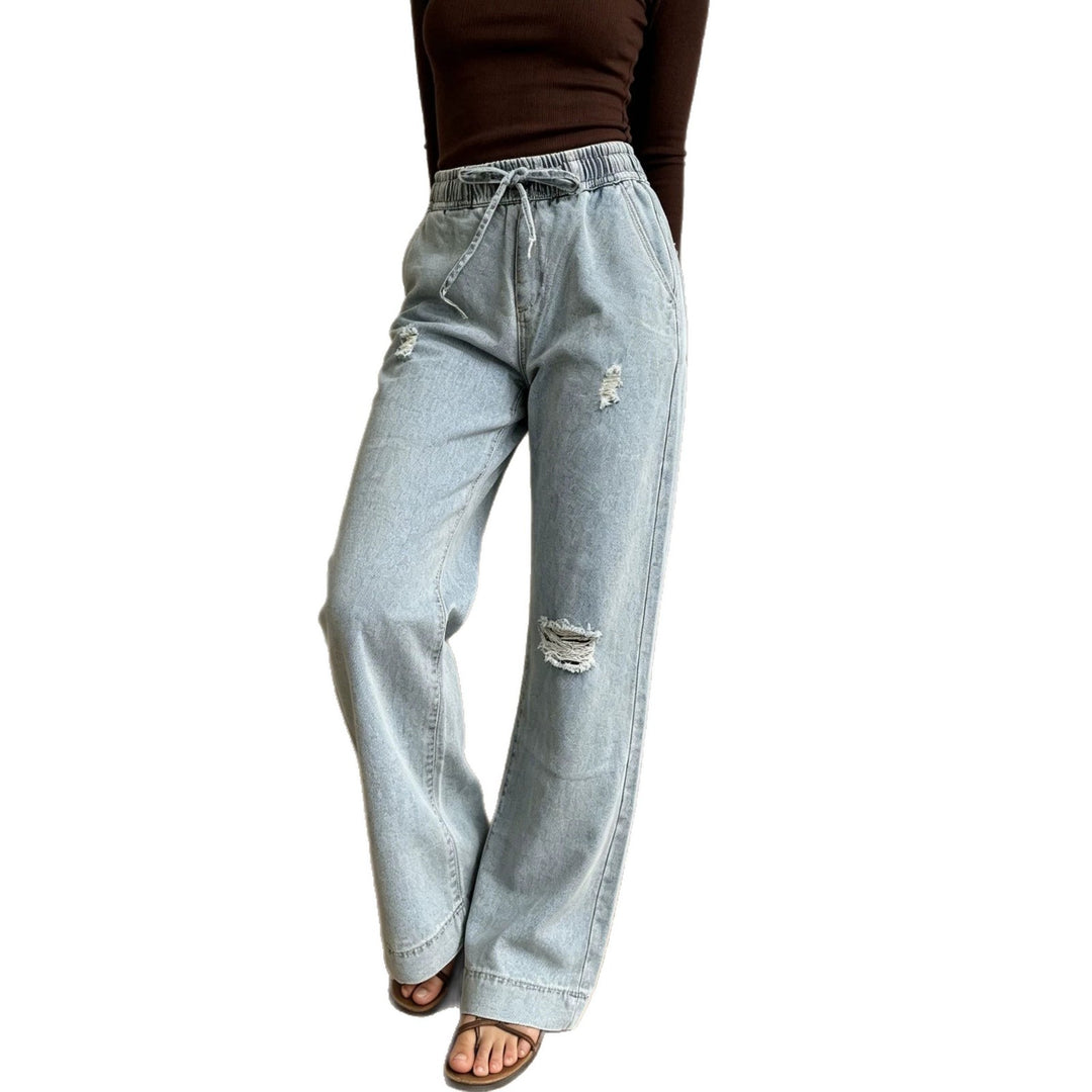 Damen nan weite Denimhose mit elastischem Kordelbund, Used-Effekten und lockerer Passform Echo Archiv