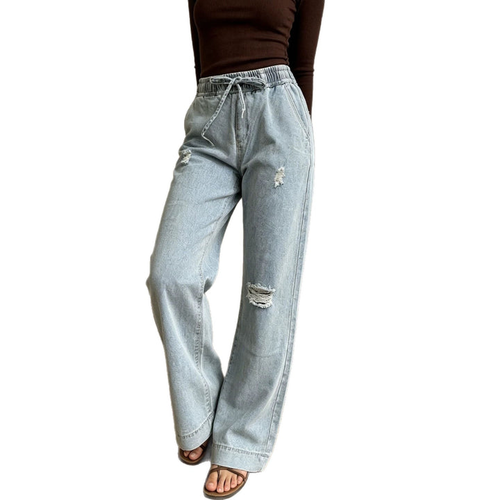 Damen nan weite Denimhose mit elastischem Kordelbund, Used-Effekten und lockerer Passform Echo Archiv