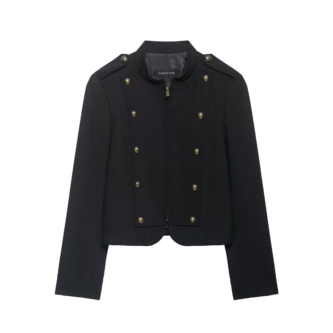 Damen Kurzjacke im Military-Stil mit Stehkragen, Zierknopfleiste und feinem Nadelstreifen Echo Archiv