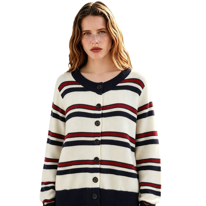 Damen Gestreifte Strickjacke mit Knopfleiste und geripptem Saum Echo Archiv