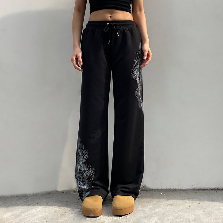 Damen nan weite Loungehose mit Kordelzug, hohem Komfortbund und Pfauenfeder-Print Echo Archiv