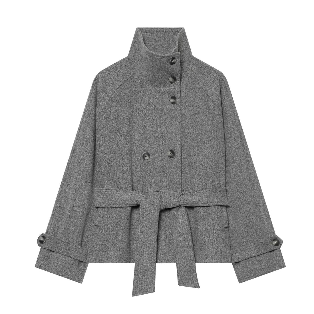 Damen Cape-Übergangsjacke im kurzen Schnitt mit hohem Kragen, doppelter Knopfleiste und Taillenbindegürtel Echoarchiv