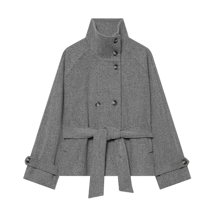 Damen Cape-Übergangsjacke im kurzen Schnitt mit hohem Kragen, doppelter Knopfleiste und Taillenbindegürtel Echoarchiv