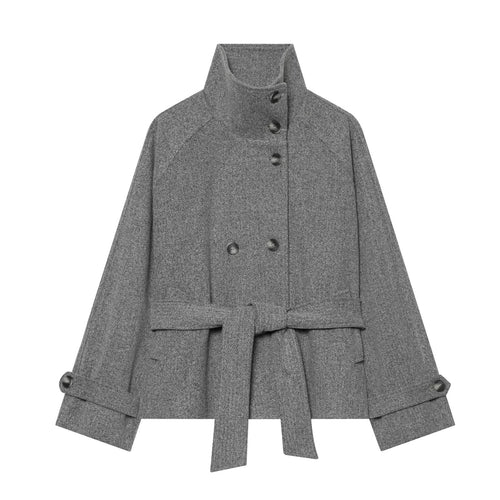 Damen Cape-Übergangsjacke im kurzen Schnitt mit hohem Kragen, doppelter Knopfleiste und Taillenbindegürtel Echoarchiv