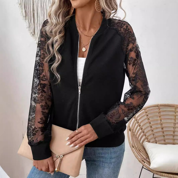 Damen nan leichte Bomberjacke mit floralen Spitzenärmeln und Reißverschluss Echo Archiv