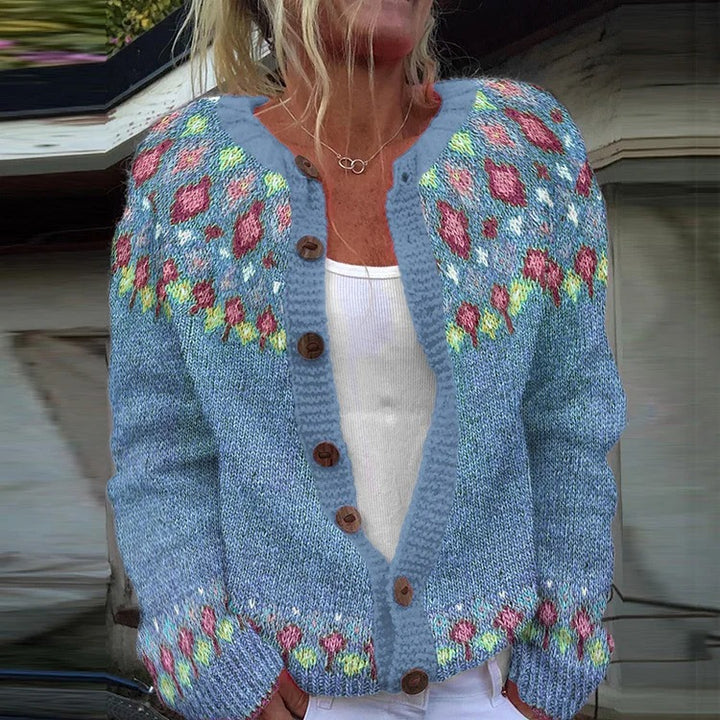Damen nan gemusterte Strickjacke mit Rundpasse, Holzknöpfen und Eingrifftaschen Echo Archiv