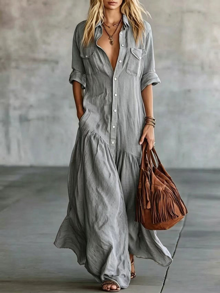 Damen Langes fließendes Hemdblusen-Maxikleid mit Knopfleiste, aufgesetzten Brusttaschen und seitlichen Eingrifftaschen Echoarchiv