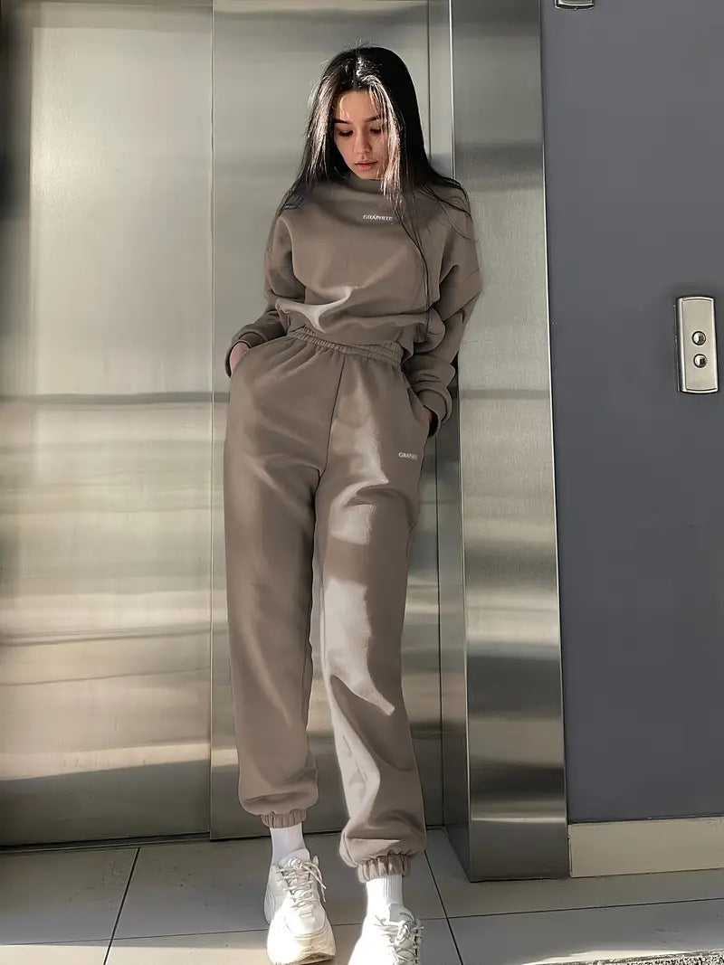 Damen nan Oversized kurz geschnittenes Sweatshirt mit High Waist Fleece Jogginghose Set Echo Archiv