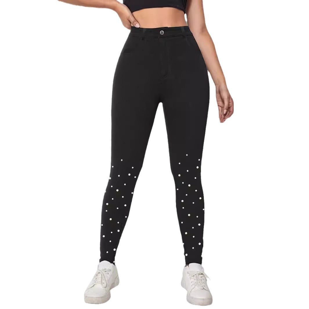 Damen High-Waist Stretch-Jeggings im Denim‑Look mit Perlen-Scatter Echo Archiv