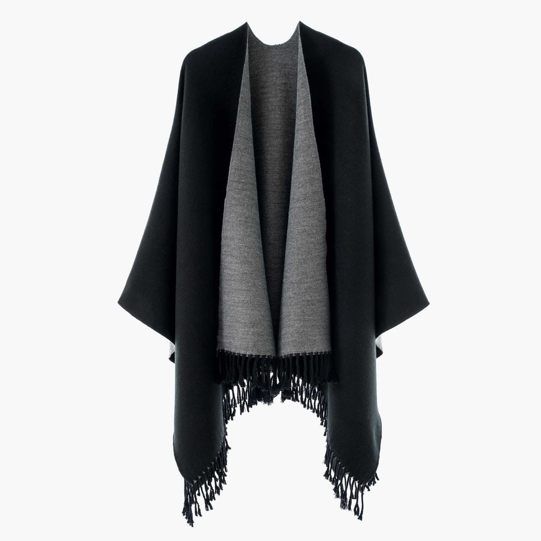 Damen Wendbarer Wollmix-Poncho mit Fransensaum und offener Front – Avérine