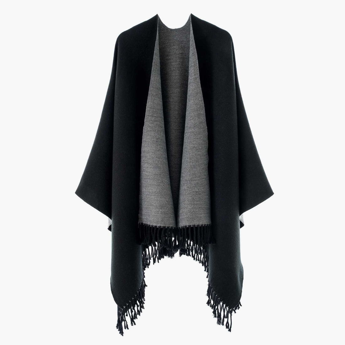 Damen Edler Umlegeponcho mit Reversoptik und Fransenabschluss – Célinea