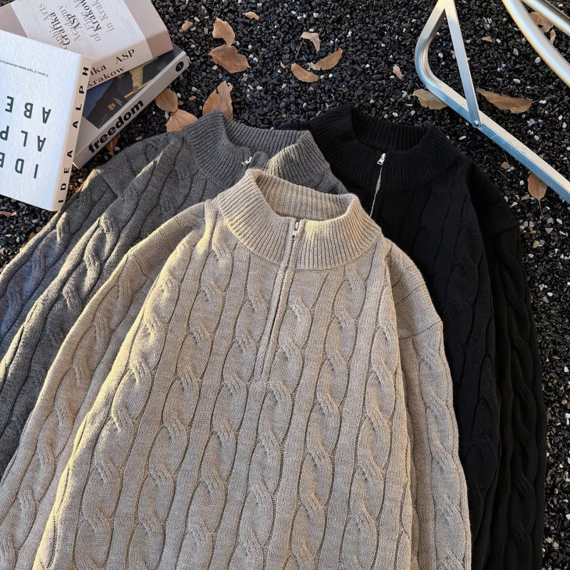 Unisex Oversize-Zopfmuster-Halbzip-Pullover mit extra hohem Rippkragen und schwerer Baumwollmischung Echoarchiv