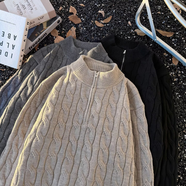 Unisex Oversize-Zopfmuster-Halbzip-Pullover mit extra hohem Rippkragen und schwerer Baumwollmischung Echoarchiv