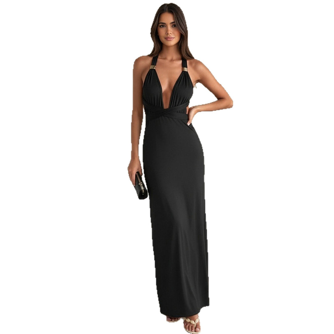 Damen Elegantes Maxikleid mit tiefem V-Ausschnitt und dekorativen Trägern Echo Archiv