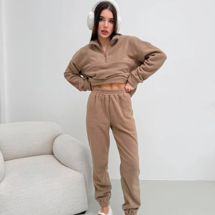 Damen Kuscheliges Fleece-Loungewear-Set mit halbem Reißverschluss und elastischer Jogginghose – Avérine