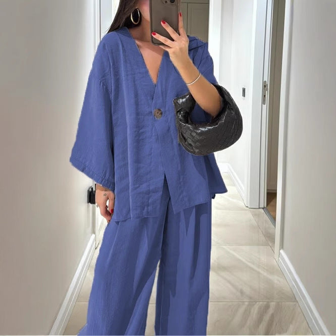 Damen nan lockeres Leinenoptik-Zweiteiler mit Kimono-Blazer und weitem Palazzo-Hose Echo Archiv