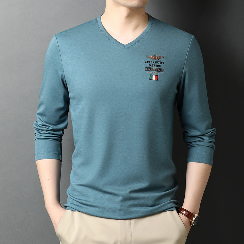 Herren V-Ausschnitt Langarmshirt mit eleganter Stickerei Echoarchiv