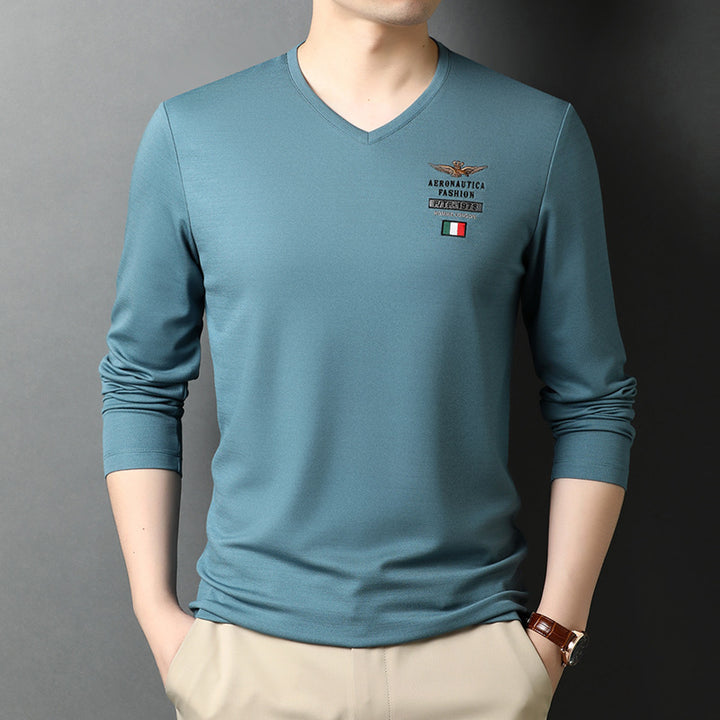 Herren V-Ausschnitt Langarmshirt mit eleganter Stickerei Echoarchiv
