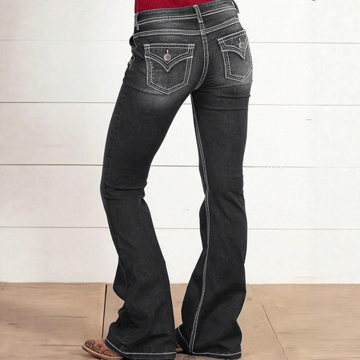 Damen hochtaillierte Sculpting-Bootcut-Jeans mit seitlichen Zierknöpfen Echo Archiv