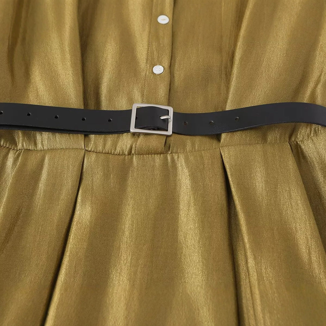 Damen Ärmelloses Hemdblusenkleid mit Taillenfalten und Gürtel Echoarchiv
