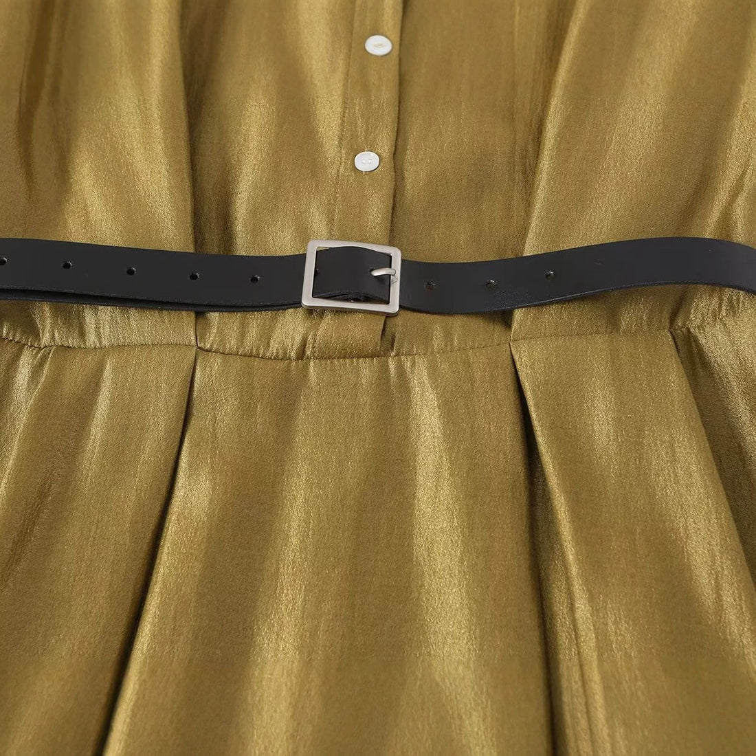 Damen Ärmelloses Hemdblusenkleid mit Taillenfalten und Gürtel Echoarchiv